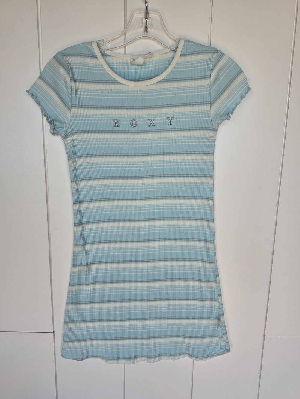 Roxy Girls Size Small 10/12 Striped Ribbed Knit T-Shirt Dress Blue White